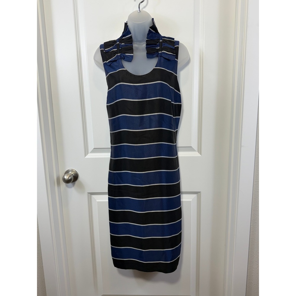 Banana Republic Blue Black Striped Ruffle‎ Neck Cutout Shift Dress Womens 12 Mod